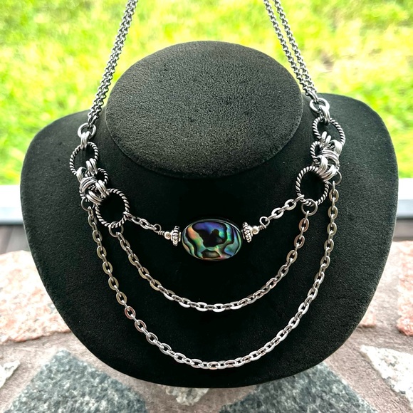 Handmade maille choker necklace iridescent blue green abalone shell charm boho - Picture 10 of 12